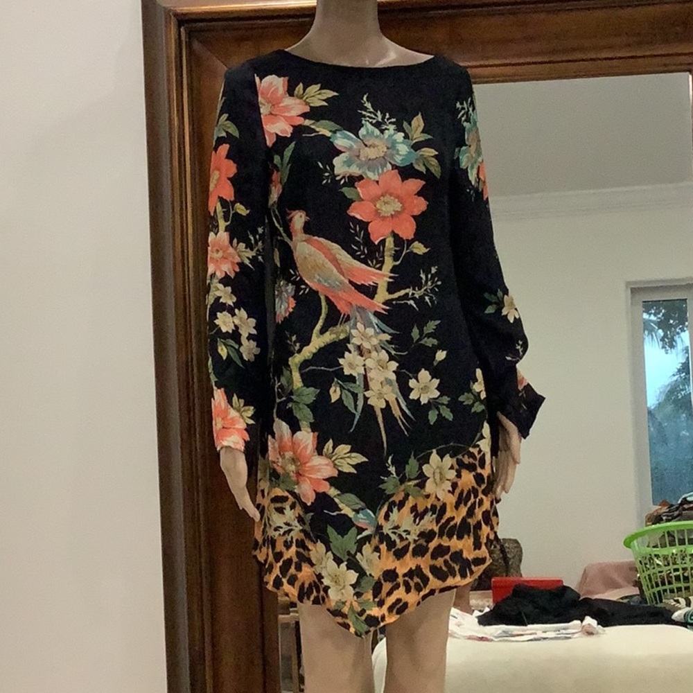 Black Floral & Leopard Print Long Sleeve Dress Size 4